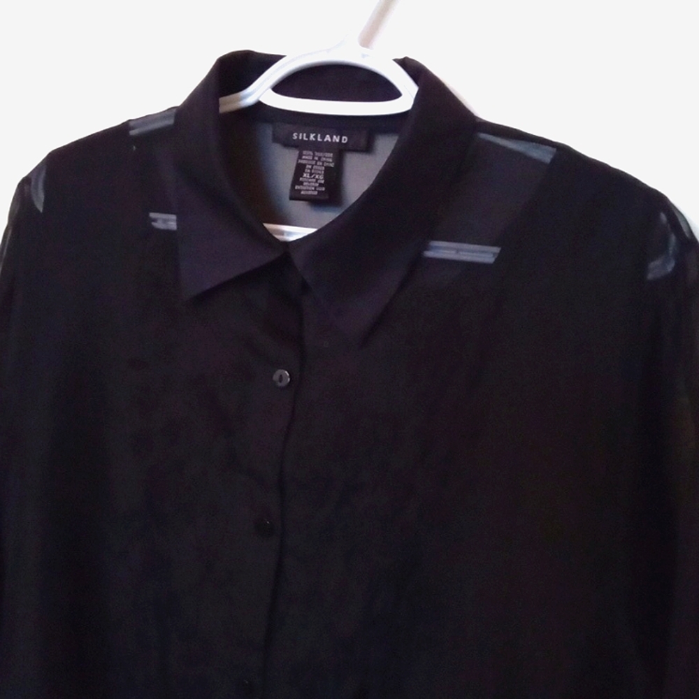 Silkland Women's Black Silk Organza Embroidered Blouse & Silk Tank Size XL